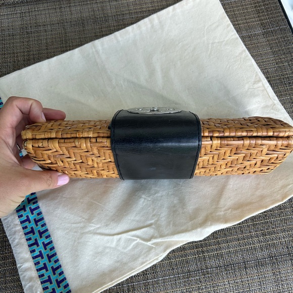 Tory Burch Bamboo Rattan Clutch Bag With Black Leather Strap Silver Logo Auth